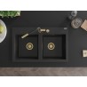 Mexen Hektor zlewozmywak granitowy 2-komorowy 800 x 480 mm, czarny/srebrny metalik, syfon złoty - 6521802000-73-G