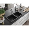 Mexen Hektor évier en granit 2 bacs 800 x 480 mm, noir/argent métallique, siphon noir - 6521802000-73-B