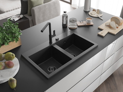 Mexen Hektor Granitspüle 2-beckig 800 x 480 mm, schwarz/silberne Metallic, schwarzer Siphon - 6521802000-73-B