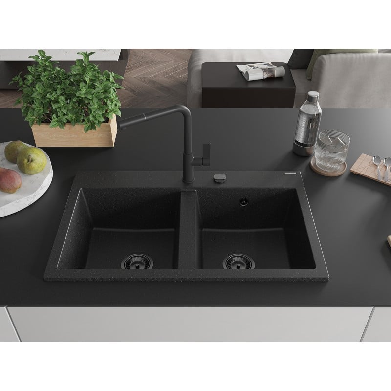 Mexen Hektor zlewozmywak granitowy 2-komorowy 800 x 480 mm, czarny/srebrny metalik, syfon czarny - 6521802000-73-B