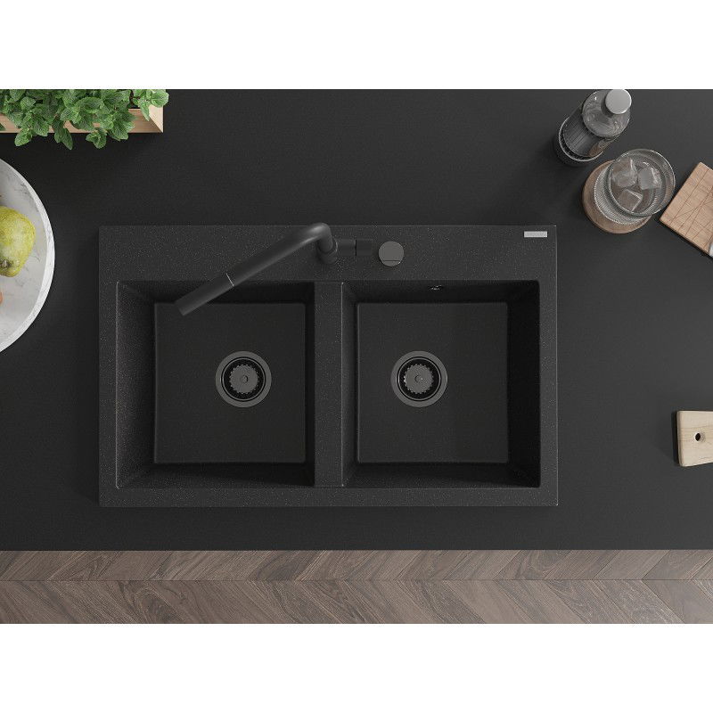 Mexen Hektor évier en granit 2 bacs 800 x 480 mm, noir/métallisé argent, siphon noir - 6521802000-73-B