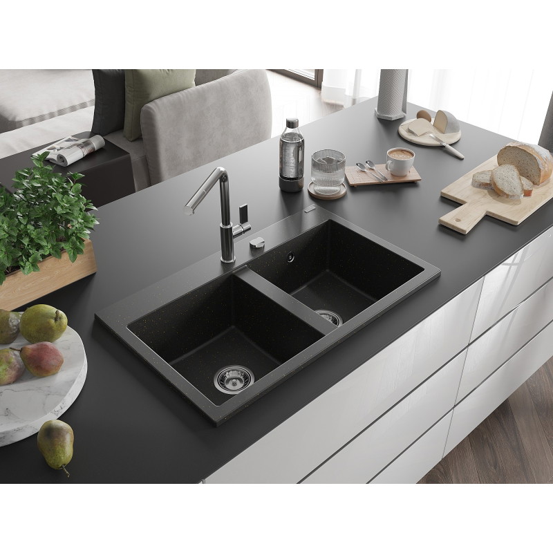 Mexen Hektor graniidist kahe kambriga kraanikauss 800 x 480 mm, must/kuldne metallik, kroom sifoon - 6521802000-75