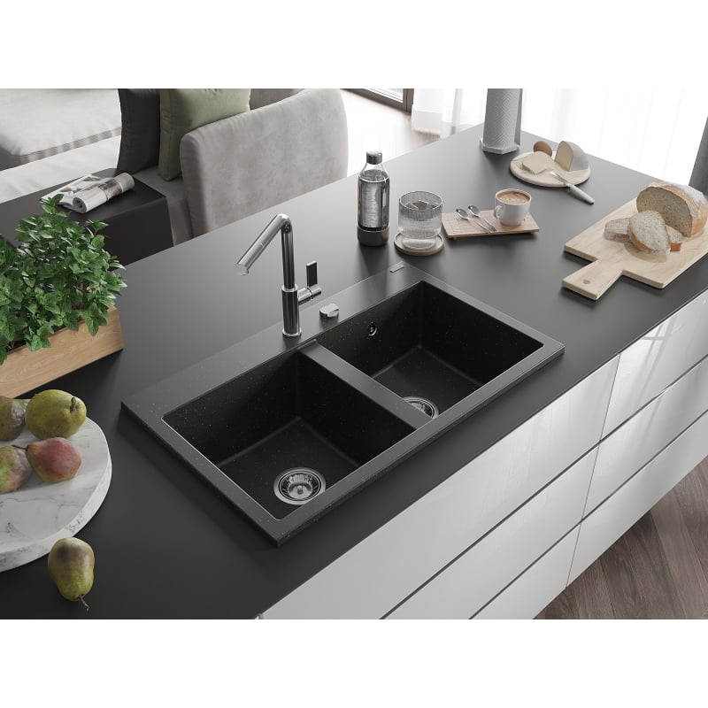 Mexen Hektor granitni sudoper s 2 komore 800 x 480 mm, crni/zlatni metalik, sifon krom - 6521802000-75
