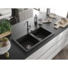 Mexen Hektor fregadero de granito de 2 compartimentos 800 x 480 mm, negro/dorado metálico, sifón cromado - 6521802000-75