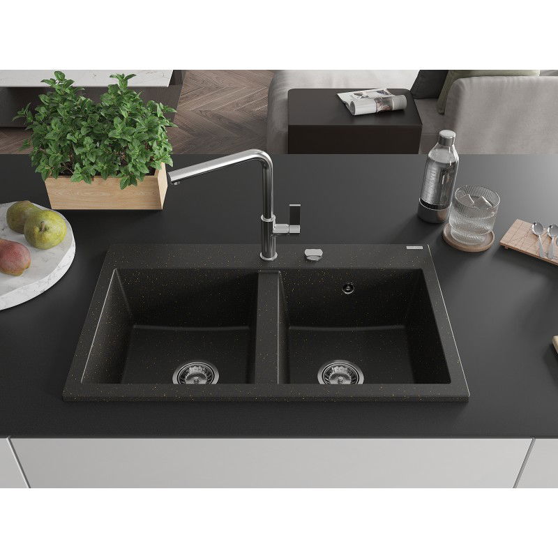 Mexen Hektor évier en granit 2 bacs 800 x 480 mm, noir/doré métallisé, siphon chrome - 6521802000-75