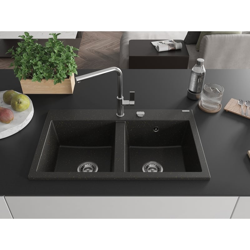 Mexen Hektor graniidist kahe kambriga kraanikauss 800 x 480 mm, must/kuldne metallik, kroom sifoon - 6521802000-75