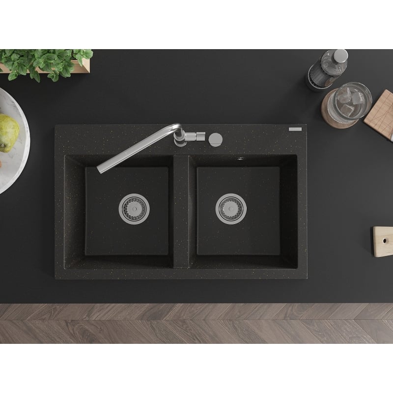 Mexen Hektor graniidist kahe kambriga kraanikauss 800 x 480 mm, must/kuldne metallik, kroom sifoon - 6521802000-75