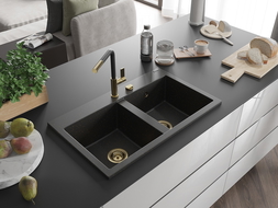 Mexen Hektor granieten spoelbak 2-kamer 800 x 480 mm, zwart/goud metallic, gouden sifon - 6521802000-75-G