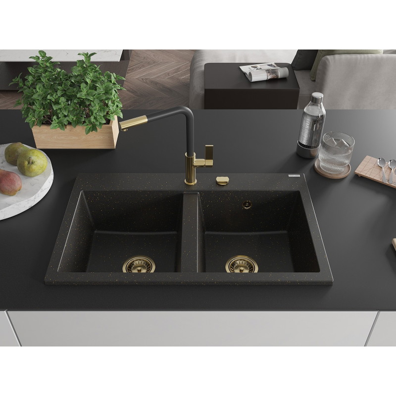 Mexen Hektor évier en granit 2 bacs 800 x 480 mm, noir/doré métallique, siphon doré - 6521802000-75-G