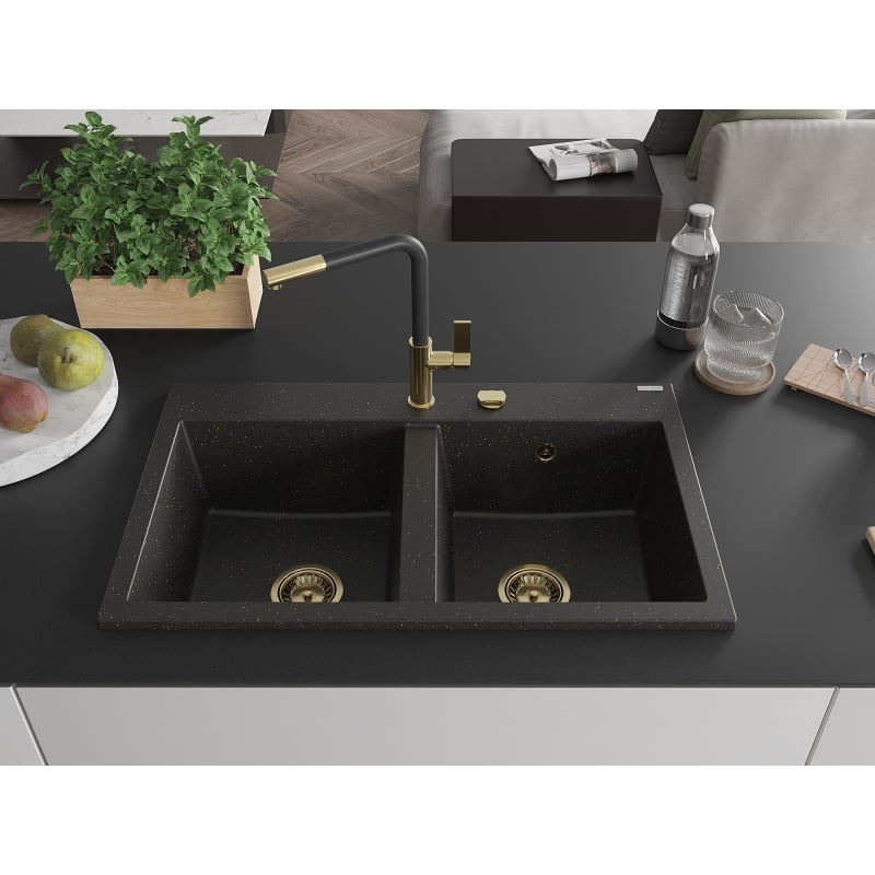 Mexen Hektor granite kitchen sink 2-bowl 800 x 480 mm, black/gold metallic, gold siphon - 6521802000-75-G