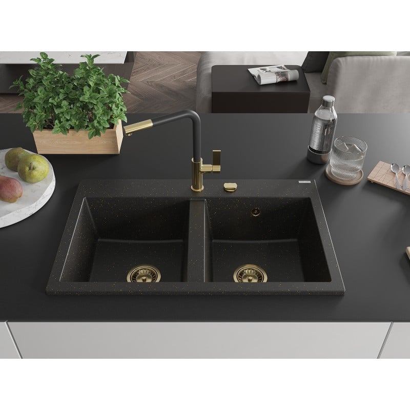 Mexen Hektor zlewozmywak granitowy 2-komorowy 800 x 480 mm, czarny/złoty metalik, syfon złoty - 6521802000-75-G