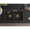 Mexen Hektor évier en granit à 2 bacs 800 x 480 mm, noir/doré métallisé, siphon doré - 6521802000-75-G