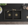 Mexen Hektor granīta virtuves izlietne, divkameru, 800 x 480 mm, melna/zelta metālika, zelta sifons - 6521802000-75-G