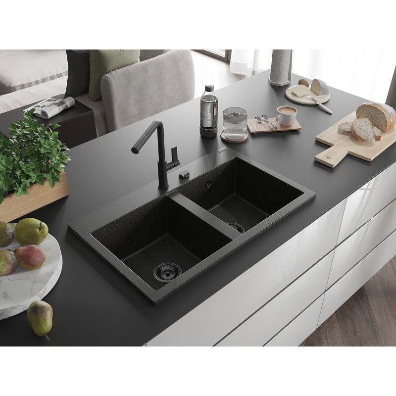 Mexen Hektor fregadero de granito de 2 senos 800 x 480 mm, negro/oro metálico, sifón negro - 6521802000-75-B