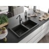 Mexen Hektor lava-loiça de granito de 2 cubas 800 x 480 mm, preto/dourado metálico, sifão preto - 6521802000-75-B