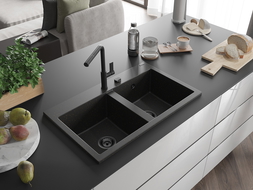 Mexen Hektor granieten spoelbak 2-kamer 800 x 480 mm, zwart/goud metallic, zwarte sifon - 6521802000-75-B