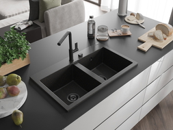 Mexen Hektor Granitspüle 2-Kammern 800 x 480 mm, Schwarz/Gold Metallic, Schwarzer Siphon - 6521802000-75-B