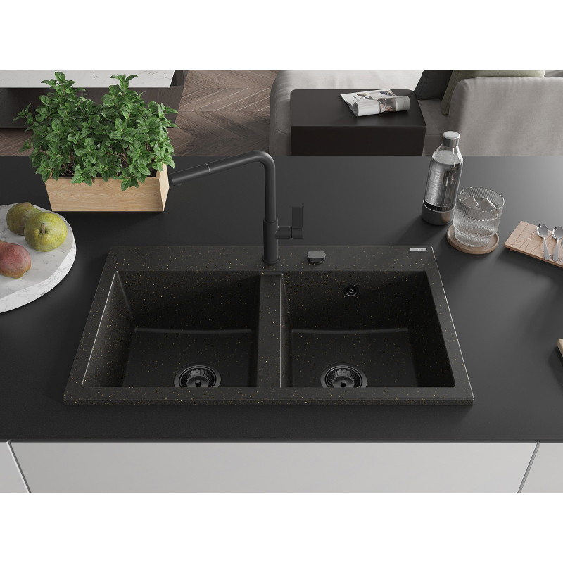 Mexen Hektor granitni sudoper s 2 komore 800 x 480 mm, crni/zlatni metalik, crni sifon - 6521802000-75-B