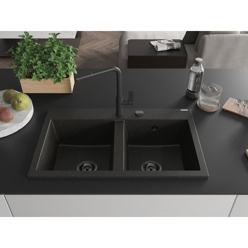 Mexen Hektor lava-loiça de granito de 2 cubas 800 x 480 mm, preto/dourado metálico, sifão preto - 6521802000-75-B