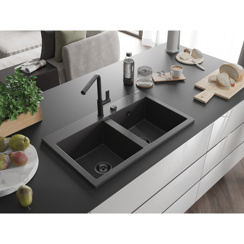 Mexen Hektor graniidist köögivalamu, 2-kambriline 800 x 480 mm, must täpiline, must sifoon - 6521802000-76-B