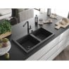 Mexen Hektor Granitspüle 2-Becken 800 x 480 mm, schwarz gesprenkelt, schwarzer Siphon - 6521802000-76-B