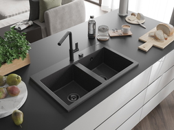 Mexen Hektor évier en granit à 2 bacs 800 x 480 mm, noir moucheté, siphon noir - 6521802000-76-B