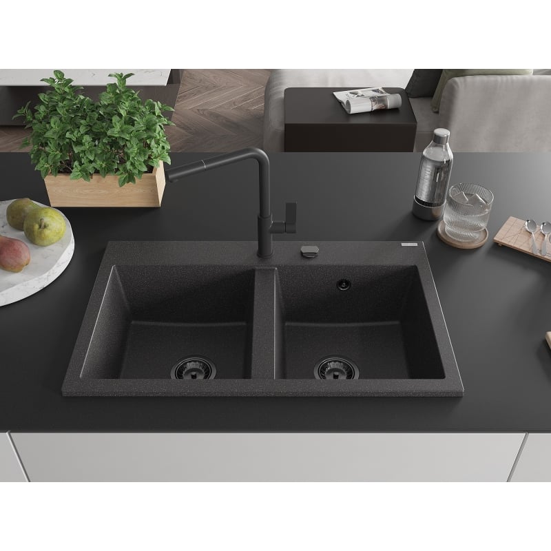Mexen Hektor graniidist köögivalamu, 2-kambriline 800 x 480 mm, must täpiline, must sifoon - 6521802000-76-B