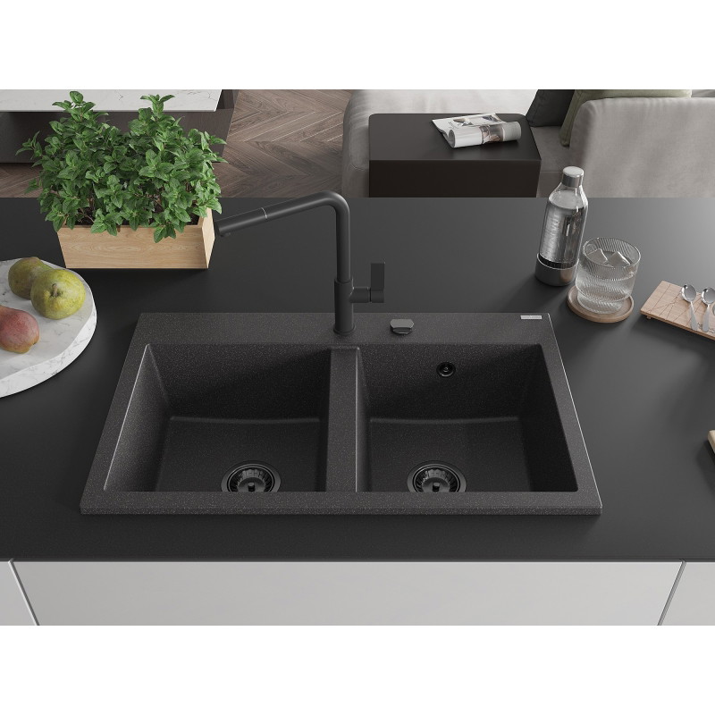 Mexen Hektor granitni sudoper s 2 komore 800 x 480 mm, crni točkasti, crni sifon - 6521802000-76-B