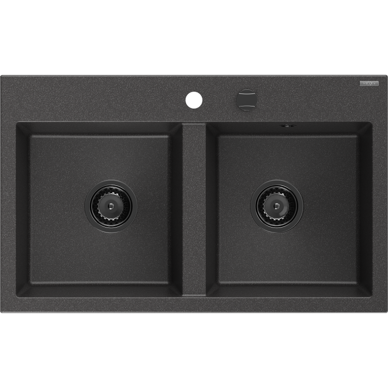 Mexen Hektor granieten spoelbak met 2 kamers 800 x 480 mm, zwart gespikkeld, zwarte sifon - 6521802000-76-B