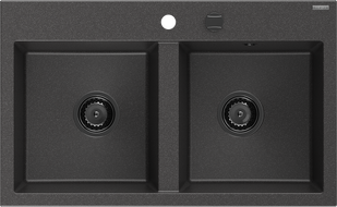 Mexen Hektor lavello in granito 2 vasche 800 x 480 mm, nero maculato, sifone nero - 6521802000-76-B
