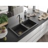 Mexen Hektor Granitspüle 2-Becken 800 x 480 mm, schwarz gesprenkelt, goldener Siphon - 6521802000-76-G