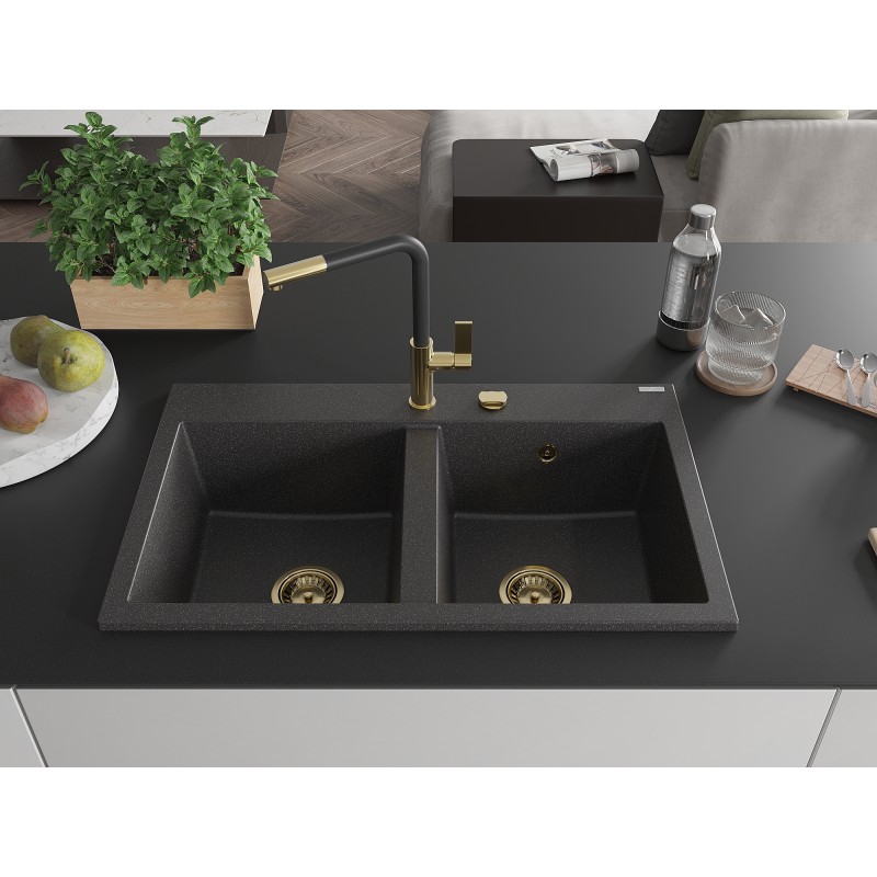 Mexen Hektor zlewozmywak granitowy 2-komorowy 800 x 480 mm, czarny nakrapiany, syfon złoty - 6521802000-76-G