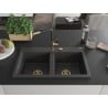 Mexen Hektor Granitspüle 2-Becken 800 x 480 mm, schwarz gesprenkelt, goldener Siphon - 6521802000-76-G