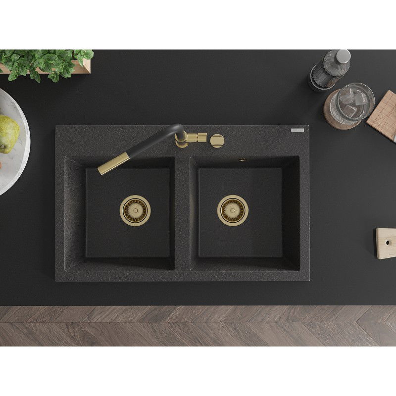 Mexen Hektor granieten gootsteen 2-kamerig 800 x 480 mm, zwart gespikkeld, gouden sifon - 6521802000-76-G