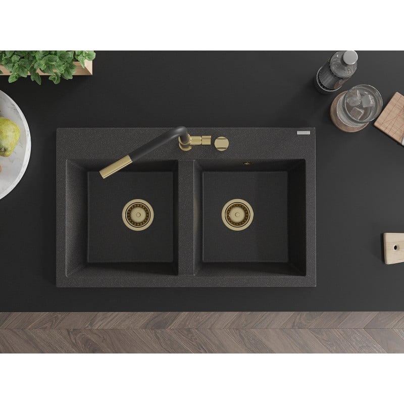 Mexen Hektor lava-louça em granito de 2 cubas 800 x 480 mm, preto salpicado, sifão dourado - 6521802000-76-G