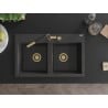 Mexen Hektor Granitspüle 2-Becken 800 x 480 mm, schwarz gesprenkelt, goldener Siphon - 6521802000-76-G