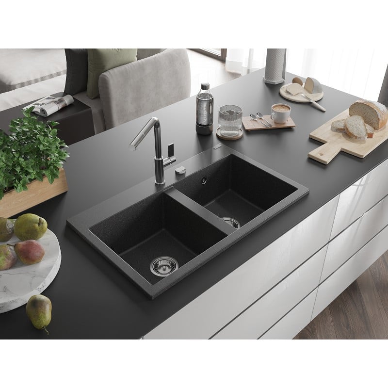 Mexen Hektor zlewozmywak granitowy 2-komorowy 800 x 480 mm, czarny nakrapiany, syfon chrom - 6521802000-76