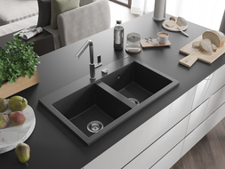 Mexen Hektor granieten gootsteen 2-kamer 800 x 480 mm, zwart gespikkeld, chromen sifon - 6521802000-76