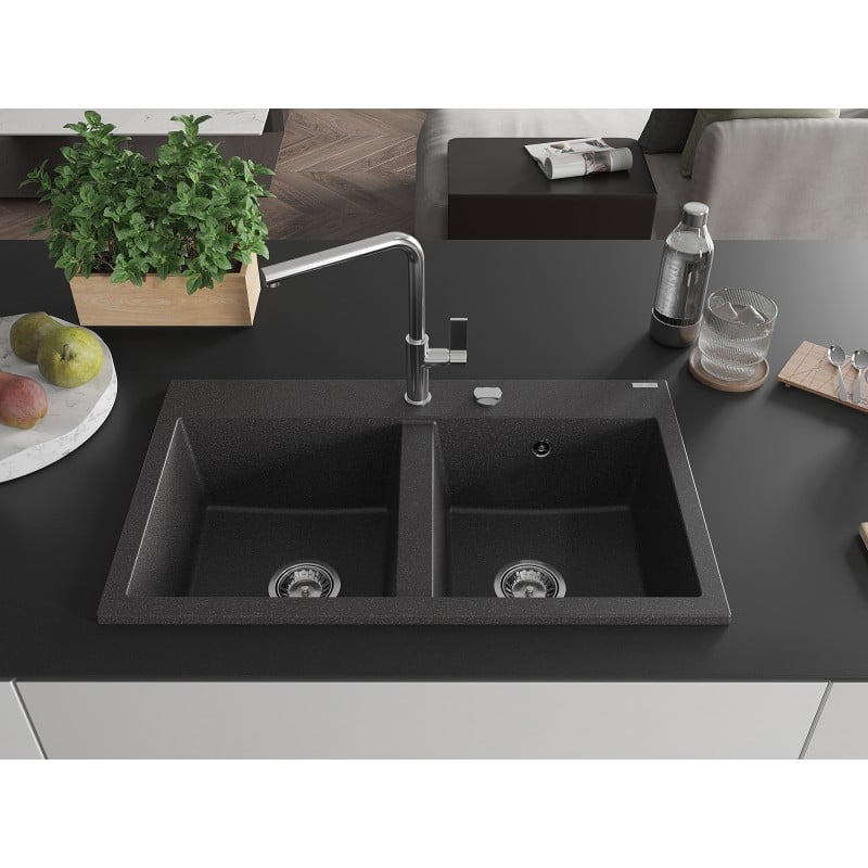 Mexen Hektor granite sink 2-bowl 800 x 480 mm, black speckled, chrome siphon - 6521802000-76