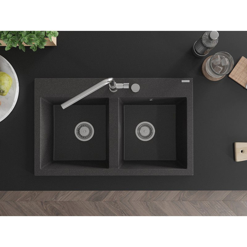 Mexen Hektor Νεροχύτης Γρανίτης 2-Θαλάμων 800 x 480 mm, Μαύρος Με Κηλίδες, Σιφόνι