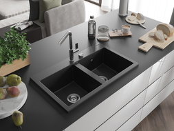 Mexen Hektor granieten gootsteen 2-kamer 800 x 480 mm, zwart, chromen sifon - 6521802000-77