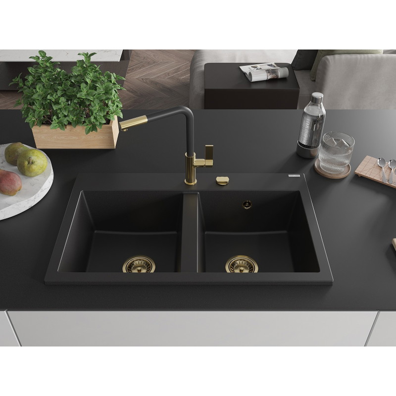 Mexen Hektor kahekambriline graniitvalamu 800 x 480 mm, must, kuldne sifoon - 6521802000-77-G