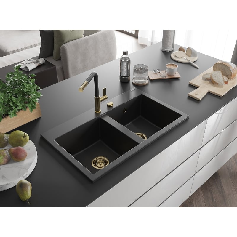 Mexen Hektor kahekambriline graniitvalamu 800 x 480 mm, must, kuldne sifoon - 6521802000-77-G