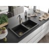 Mexen Hektor Granite Double Bowl Sink 800 x 480 mm, Black, Gold Siphon - 6521802000-77-G