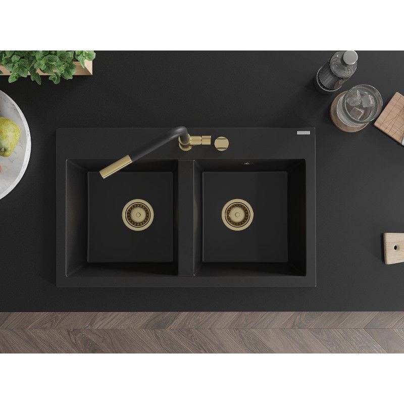 Mexen Hektor granieten gootsteen 2-kamerig 800 x 480 mm, zwart, gouden sifon - 6521802000-77-G
