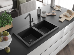 Mexen Hektor Granitspüle 2-Kammer 800 x 480 mm, schwarz, schwarzer Siphon - 6521802000-77-B