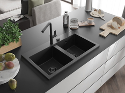 Mexen Hektor νεροχύτης γρανίτη 2-θάλαμος 800 x 480 mm, μαύρος, σιφόνι μαύρο