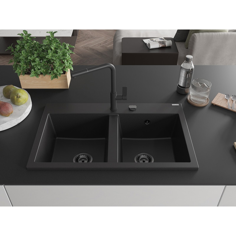 Mexen Hektor kahekambriline graniidist köögivalamu, 800 x 480 mm, must, must sifoon - 6521802000-77-B