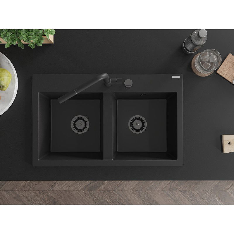 Mexen Hektor granitno pomivalno korito z dvema komorama 800 x 480 mm, črno, črni sifon - 6521802000-77-B