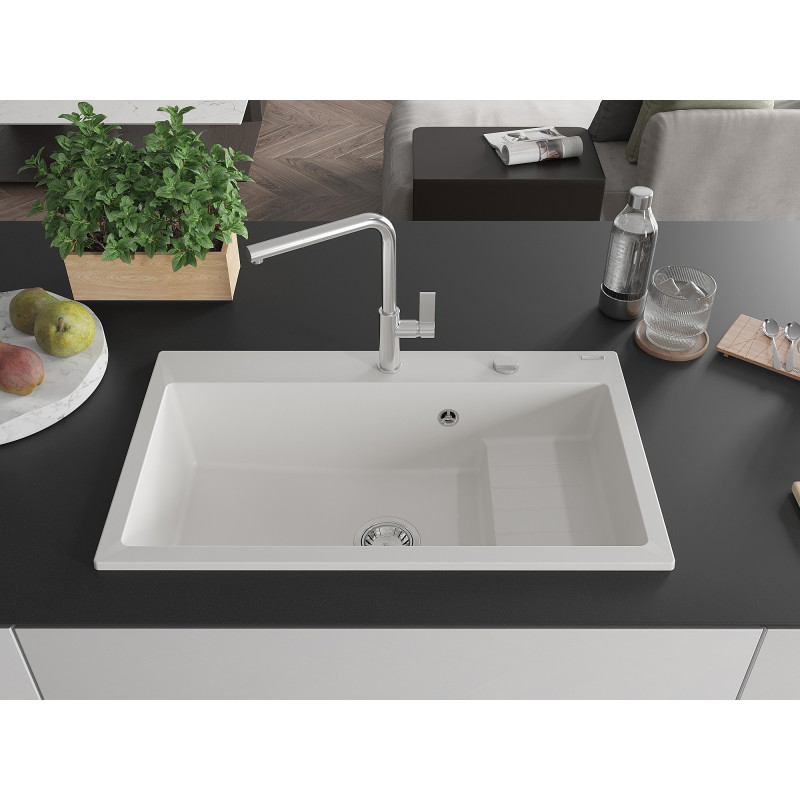 Mexen Omar granit gootsteen 1-komerig 800 x 480 mm, wit, sifon chroom - 6520801005-20
